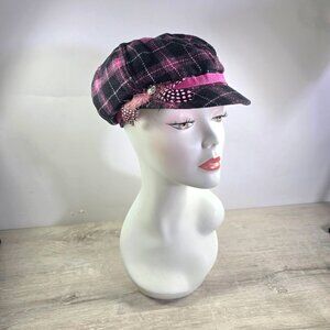 Joe Boxer Womens Plaid Cabbie Newsboy Captain Hat Feather Rhinestone Pink Black